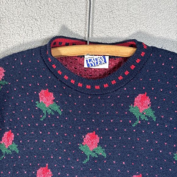 Vintage Laura Tyler Sweater Women’s XL Rose AOP Adele Knit Cottagecore Holiday - Picture 7 of 16